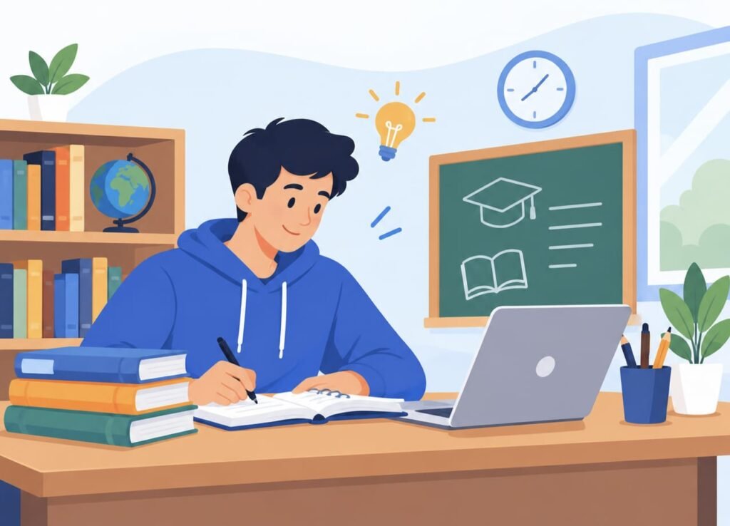 Student studying at a desk with books, a laptop, and educational materials.