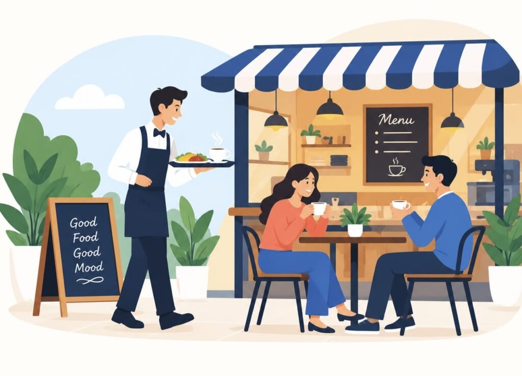 Café staff serving food and drinks to customers at a cozy restaurant.