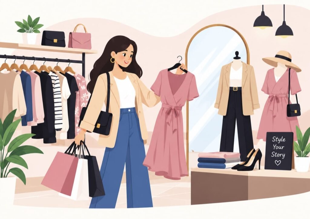 Woman shopping for fashionable clothing in a modern boutique.